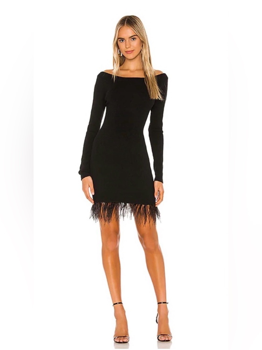 NWT Lovers + Friends Black Off-Shoulder Long-Sleeve Feather-Hem Dress